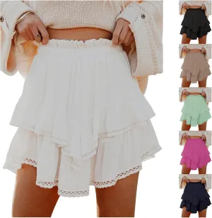 Womens High Waist Ruffle Flowy Mini Skirts Boho Ruffled Tiered Skorts Smocked Waist A Line Short Skirt