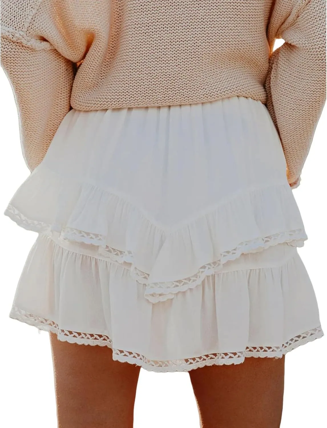 Womens High Waist Ruffle Flowy Mini Skirts Boho Ruffled Tiered Skorts Smocked Waist A Line Short Skirt