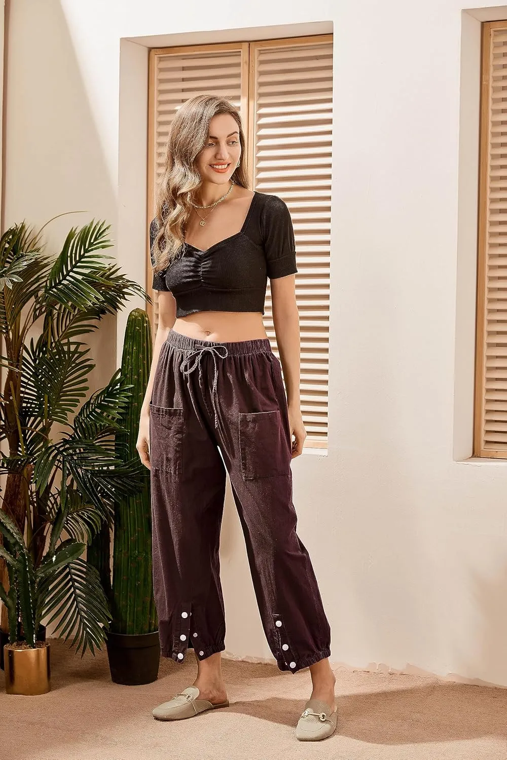 Women's High Waist Style Loose Pants Drawstring Capri Pants with Pockets Wide Leg Ankle Cropped Pants for Women