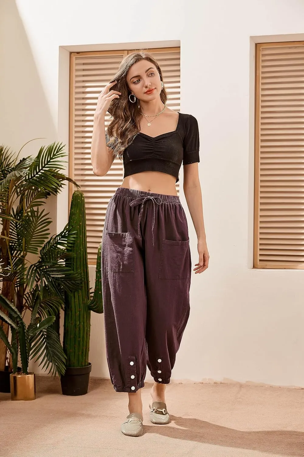 Women's High Waist Style Loose Pants Drawstring Capri Pants with Pockets Wide Leg Ankle Cropped Pants for Women