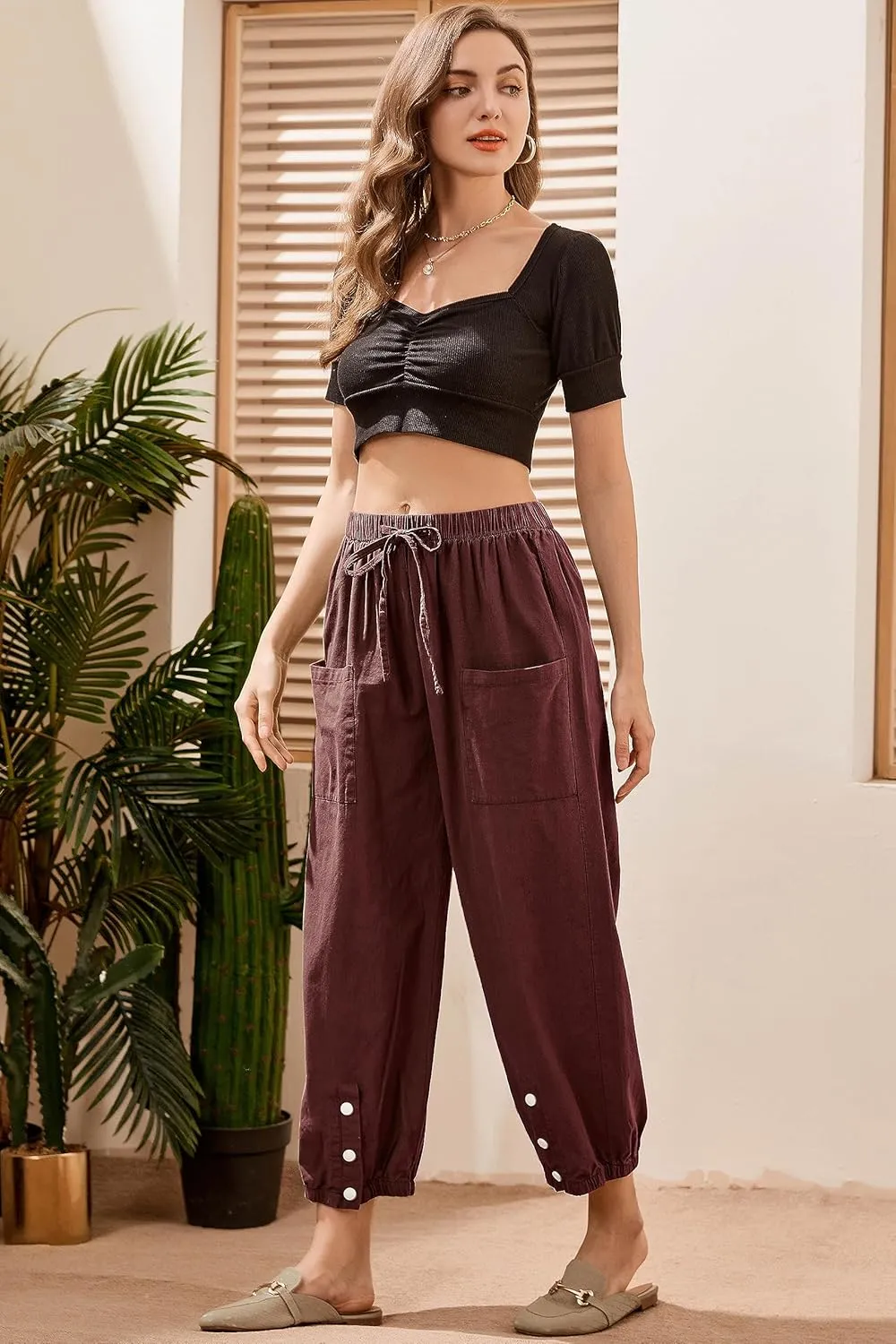 Women's High Waist Style Loose Pants Drawstring Capri Pants with Pockets Wide Leg Ankle Cropped Pants for Women