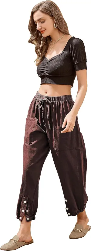 Women's High Waist Style Loose Pants Drawstring Capri Pants with Pockets Wide Leg Ankle Cropped Pants for Women