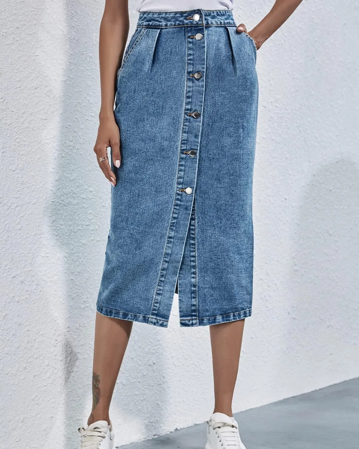 Women's High Waisted Slit Denim Skirts Casual Button Up Long Skirt Trendy Slim Fit Midi Pencil Skirt for Work Party