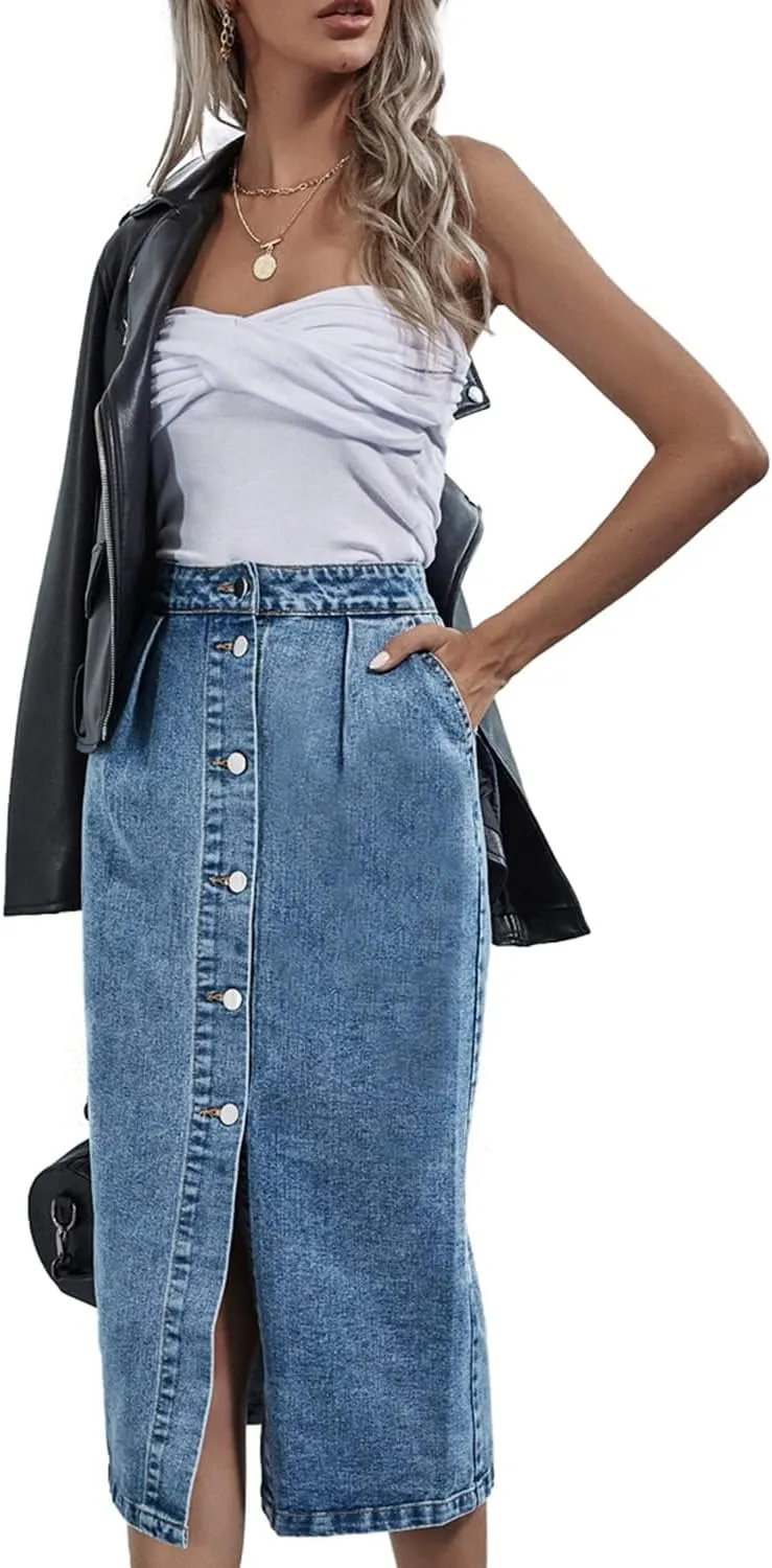 Women's High Waisted Slit Denim Skirts Casual Button Up Long Skirt Trendy Slim Fit Midi Pencil Skirt for Work Party