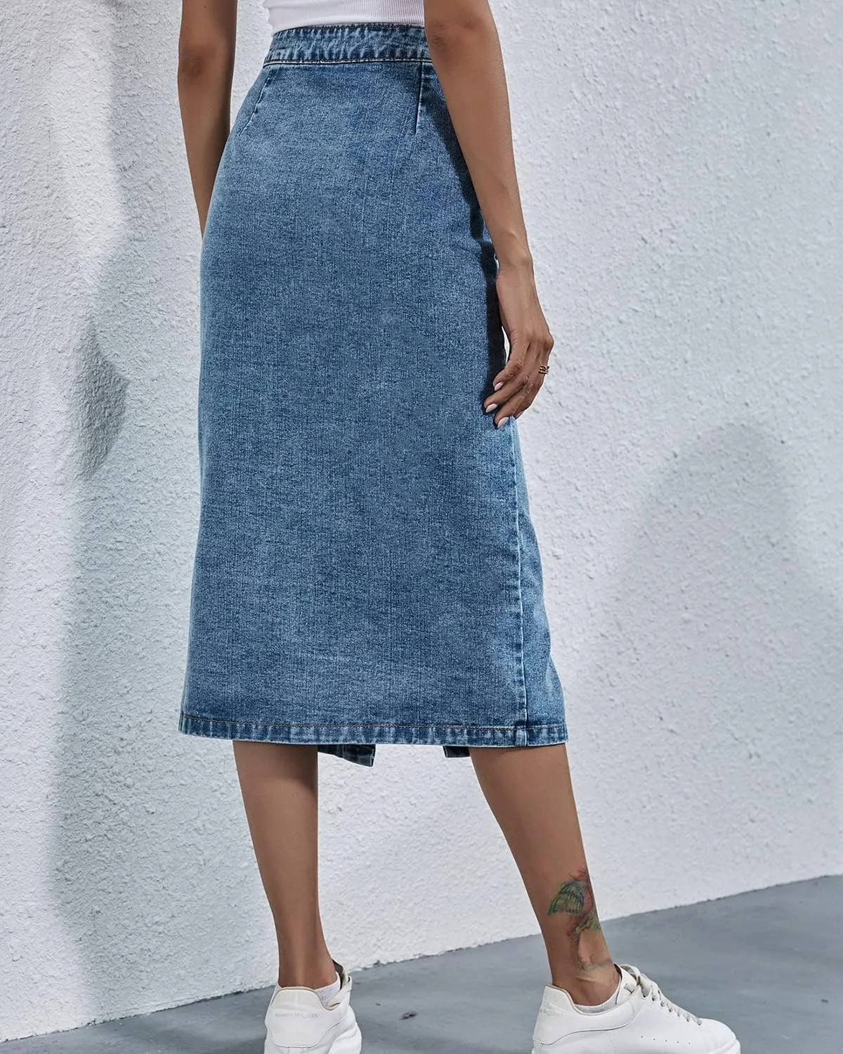 Women's High Waisted Slit Denim Skirts Casual Button Up Long Skirt Trendy Slim Fit Midi Pencil Skirt for Work Party