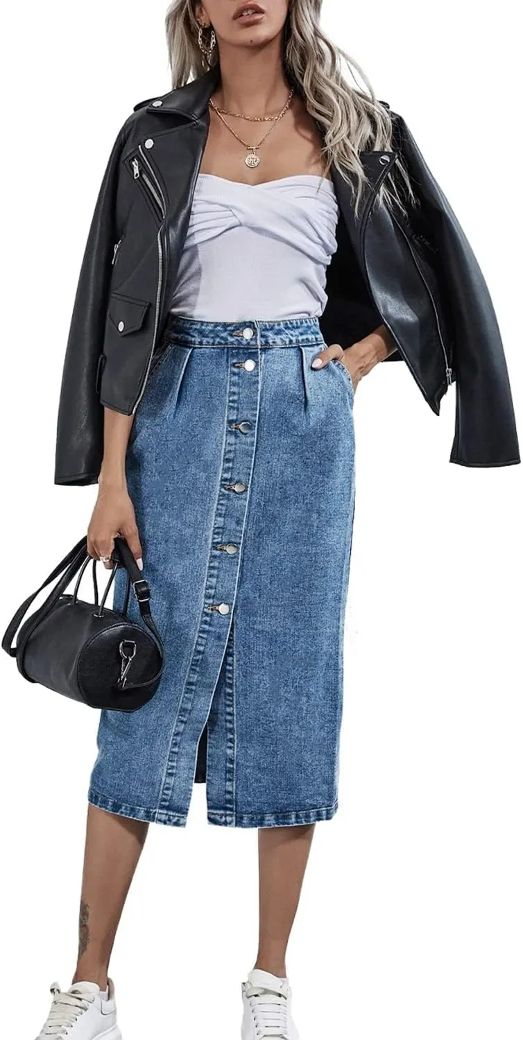 Women's High Waisted Slit Denim Skirts Casual Button Up Long Skirt Trendy Slim Fit Midi Pencil Skirt for Work Party