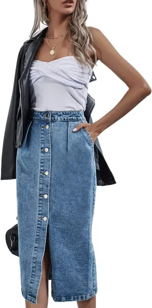 Women's High Waisted Slit Denim Skirts Casual Button Up Long Skirt Trendy Slim Fit Midi Pencil Skirt for Work Party