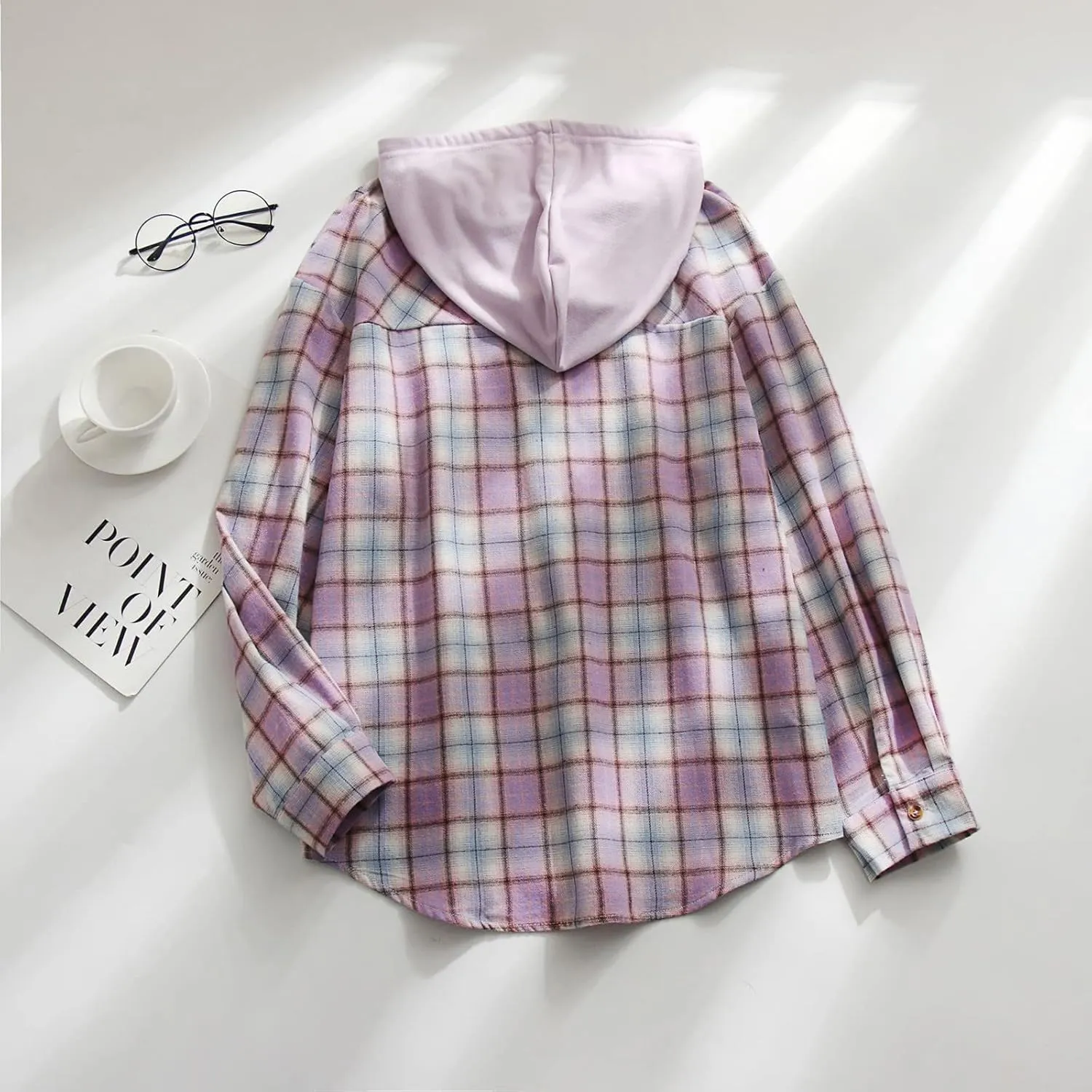 Womens Hooded Long Sleeve Flannel Plaid Shirts Lapel Button Down Shacket Jacket Coats 2023 Fall Fashion Coats