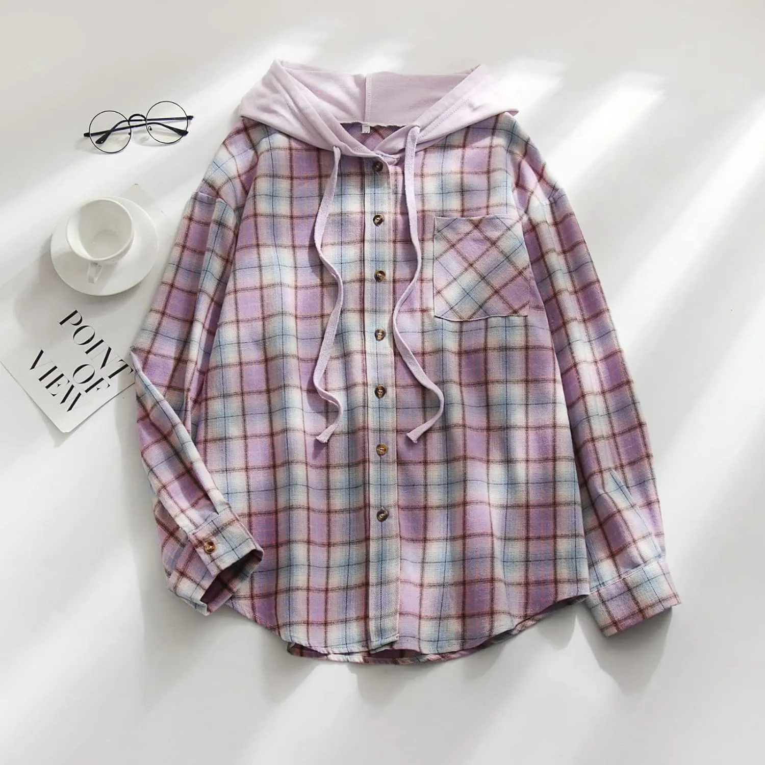 Womens Hooded Long Sleeve Flannel Plaid Shirts Lapel Button Down Shacket Jacket Coats 2023 Fall Fashion Coats