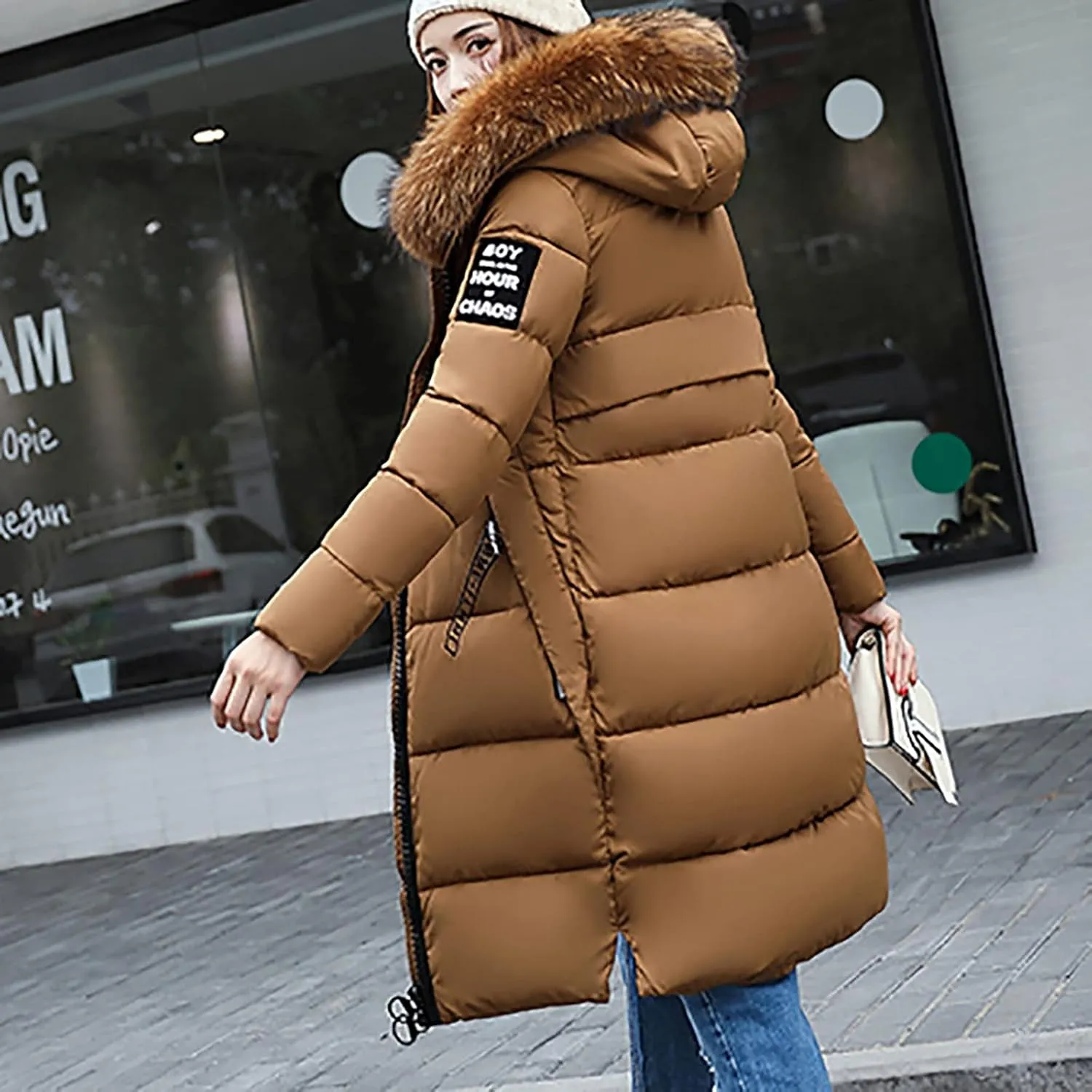 Women's Knee Length Down Jackets Furry Splicing Hoodie Coat Casual Thicker Winter Coats for Women Slim Puffer Jacket