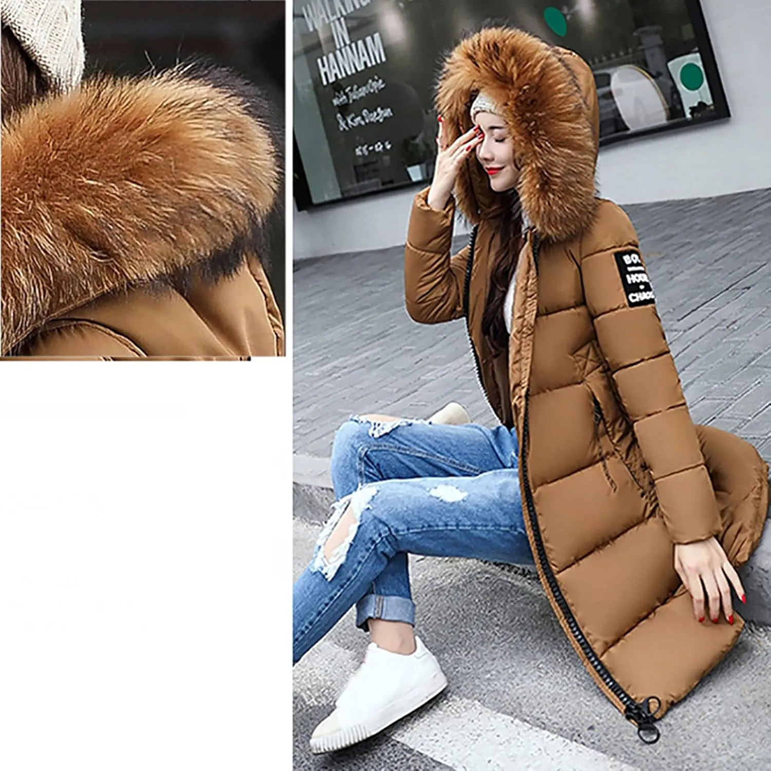 Women's Knee Length Down Jackets Furry Splicing Hoodie Coat Casual Thicker Winter Coats for Women Slim Puffer Jacket