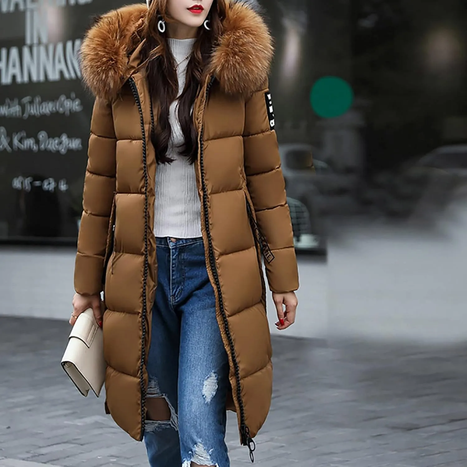 Women's Knee Length Down Jackets Furry Splicing Hoodie Coat Casual Thicker Winter Coats for Women Slim Puffer Jacket