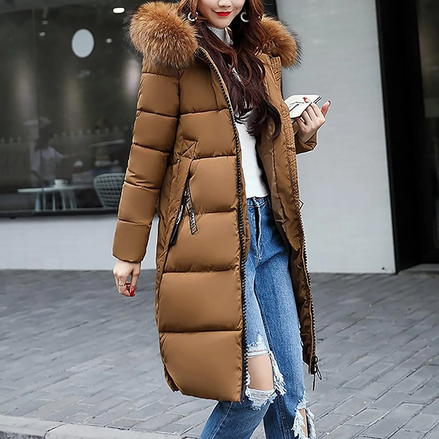 Women's Knee Length Down Jackets Furry Splicing Hoodie Coat Casual Thicker Winter Coats for Women Slim Puffer Jacket