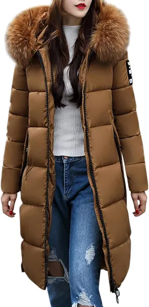 Women's Knee Length Down Jackets Furry Splicing Hoodie Coat Casual Thicker Winter Coats for Women Slim Puffer Jacket