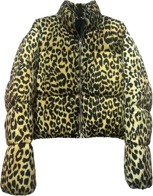 Womens Leopard Print Cropped Puffer Jacket Winter Warm Stand Collar Zip Up Short Down Coat Outwears