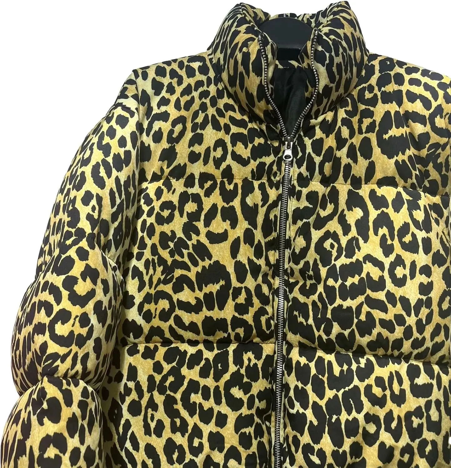 Womens Leopard Print Cropped Puffer Jacket Winter Warm Stand Collar Zip Up Short Down Coat Outwears