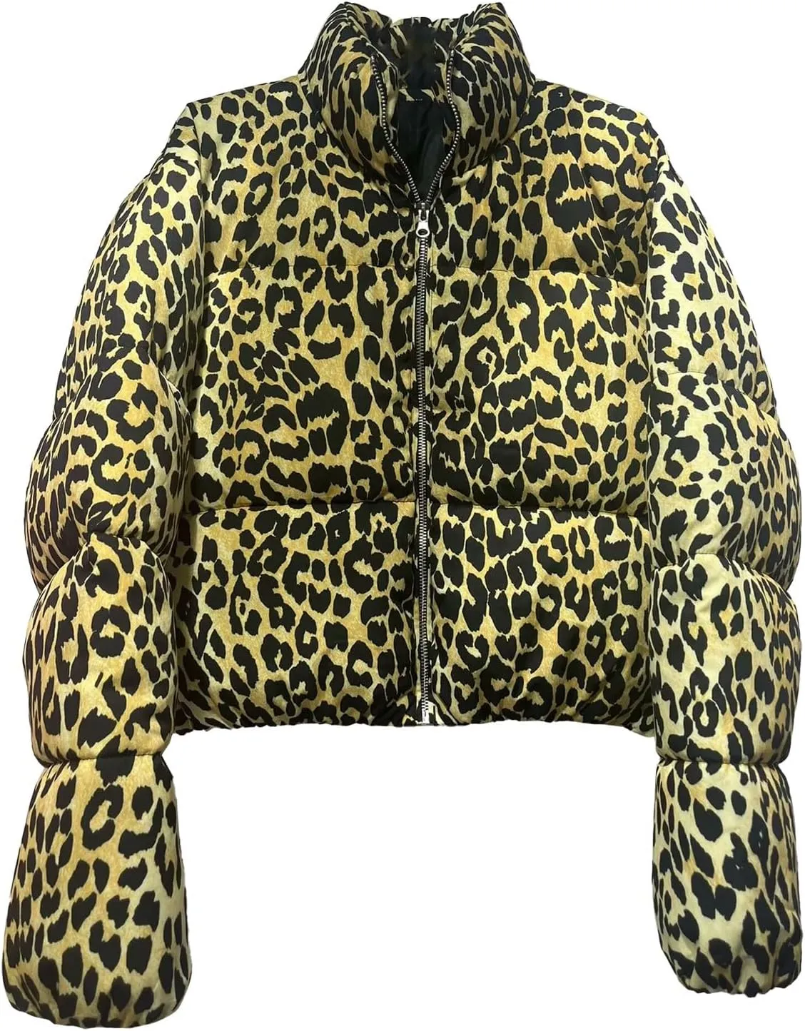 Womens Leopard Print Cropped Puffer Jacket Winter Warm Stand Collar Zip Up Short Down Coat Outwears