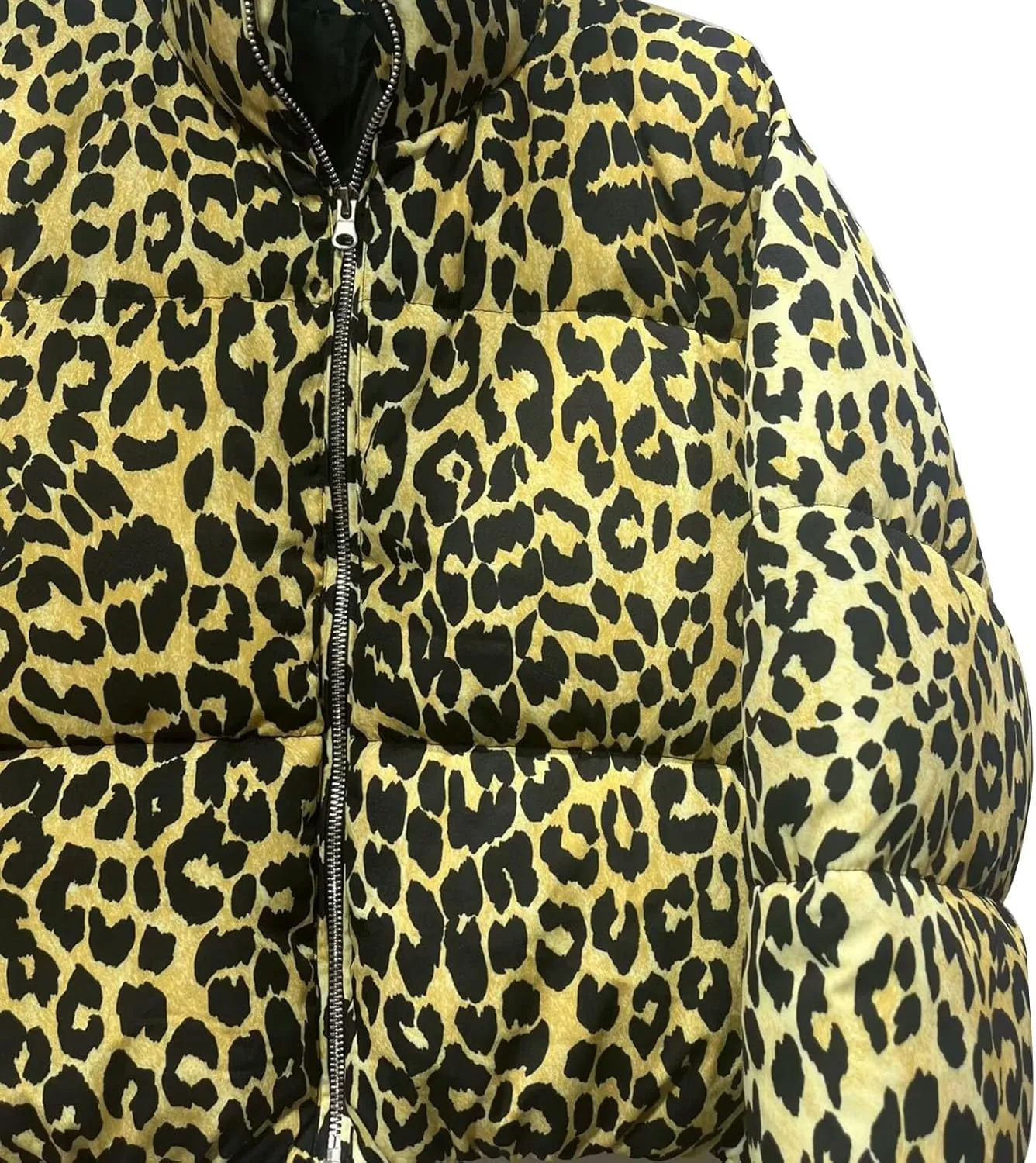 Womens Leopard Print Cropped Puffer Jacket Winter Warm Stand Collar Zip Up Short Down Coat Outwears