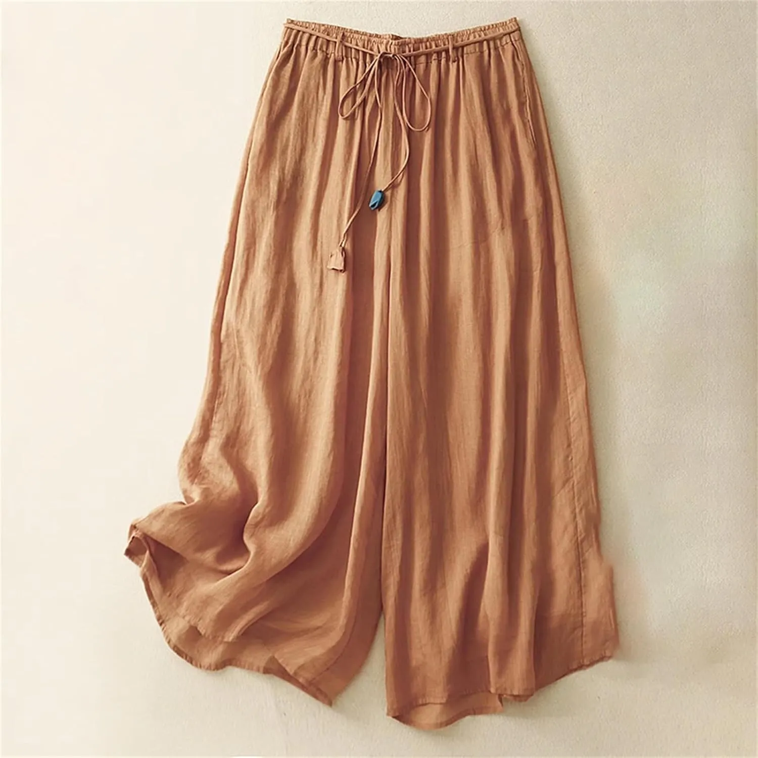 Women's Linen Double-Layer Wide-Leg Pants  High Waist Loose Fit Lace-Up Elegant Ankle-Length Casual Summer Trousers