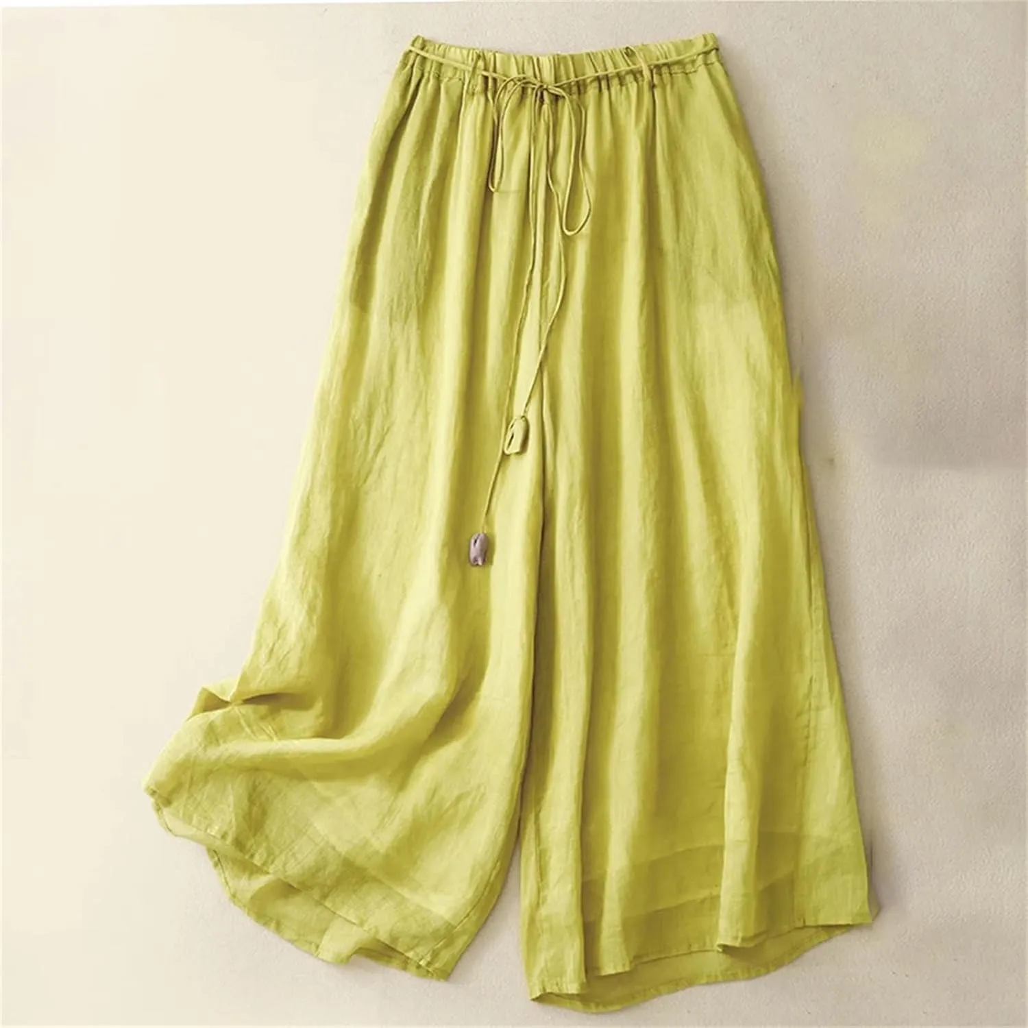 Women's Linen Double-Layer Wide-Leg Pants  High Waist Loose Fit Lace-Up Elegant Ankle-Length Casual Summer Trousers
