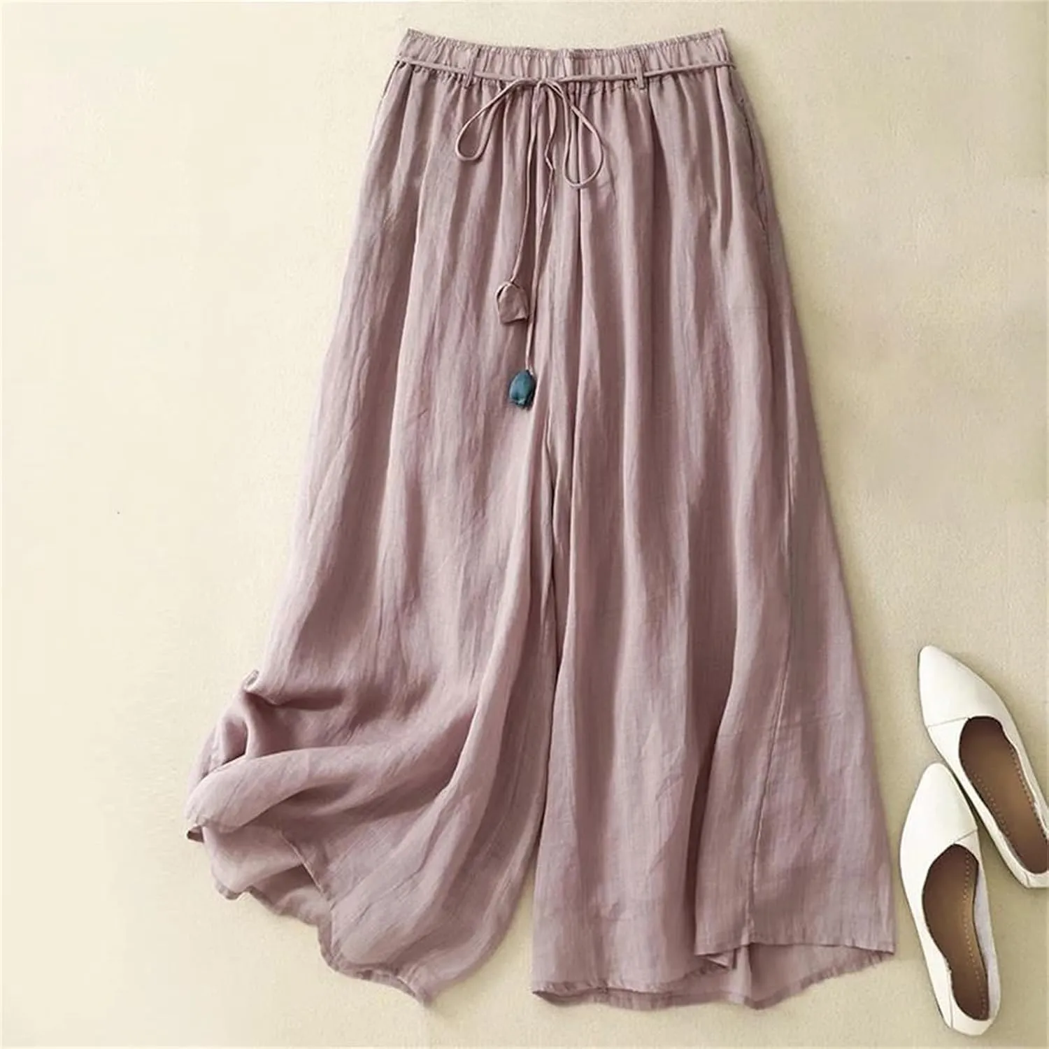 Women's Linen Double-Layer Wide-Leg Pants  High Waist Loose Fit Lace-Up Elegant Ankle-Length Casual Summer Trousers