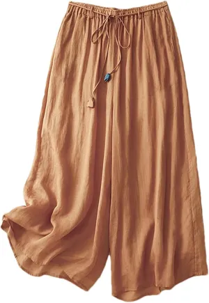 Women's Linen Double-Layer Wide-Leg Pants  High Waist Loose Fit Lace-Up Elegant Ankle-Length Casual Summer Trousers
