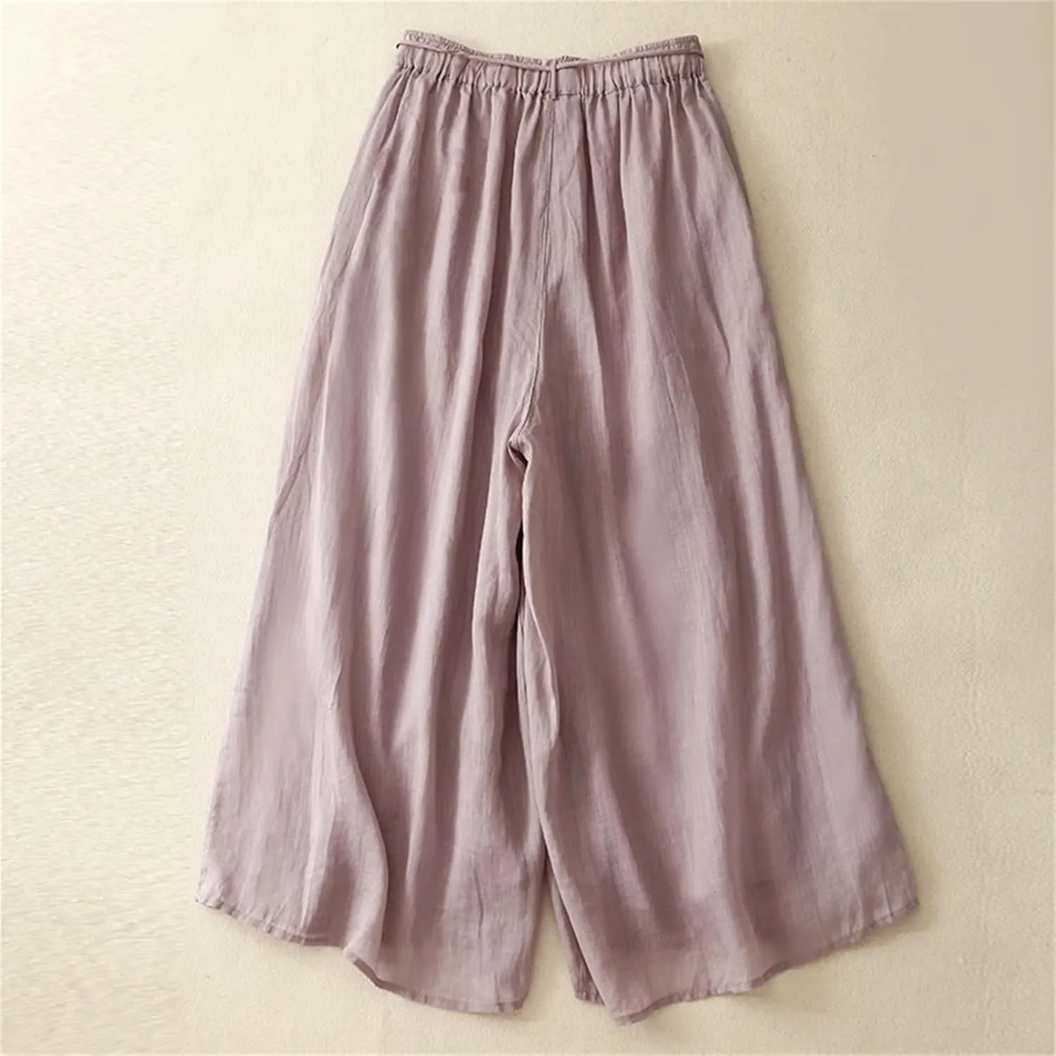 Women's Linen Double-Layer Wide-Leg Pants  High Waist Loose Fit Lace-Up Elegant Ankle-Length Casual Summer Trousers