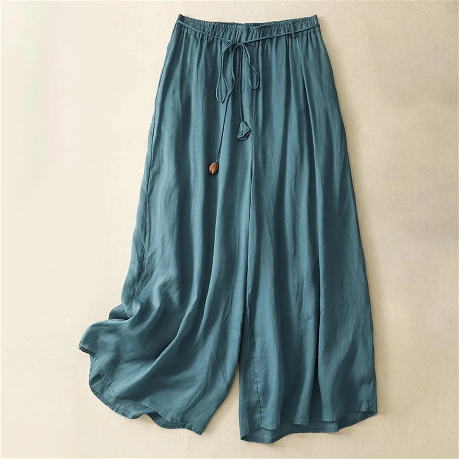 Women's Linen Double-Layer Wide-Leg Pants  High Waist Loose Fit Lace-Up Elegant Ankle-Length Casual Summer Trousers