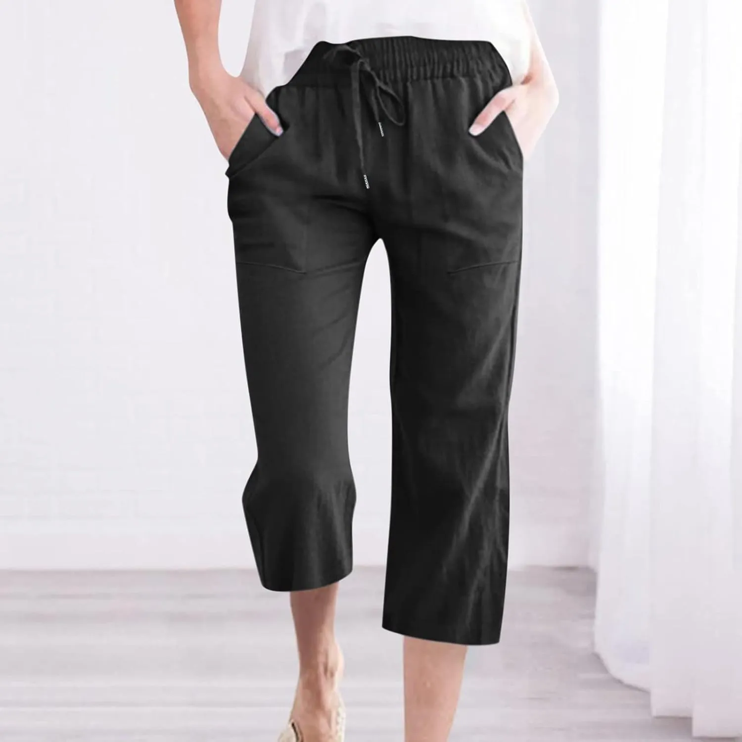 Women's Linen Pants Casual Summer Capris Loose Fit Lightweight Drawstring Waisted Cropped Pants with Pockets