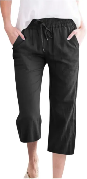 Women's Linen Pants Casual Summer Capris Loose Fit Lightweight Drawstring Waisted Cropped Pants with Pockets