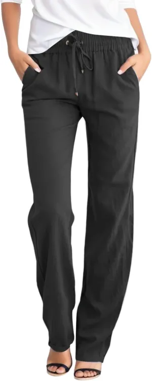 Womens Linen Pants Straight Leg High Waist Casual Pants Loose Fit Yoga Pants Summer Lightweight Trousers with Pockets