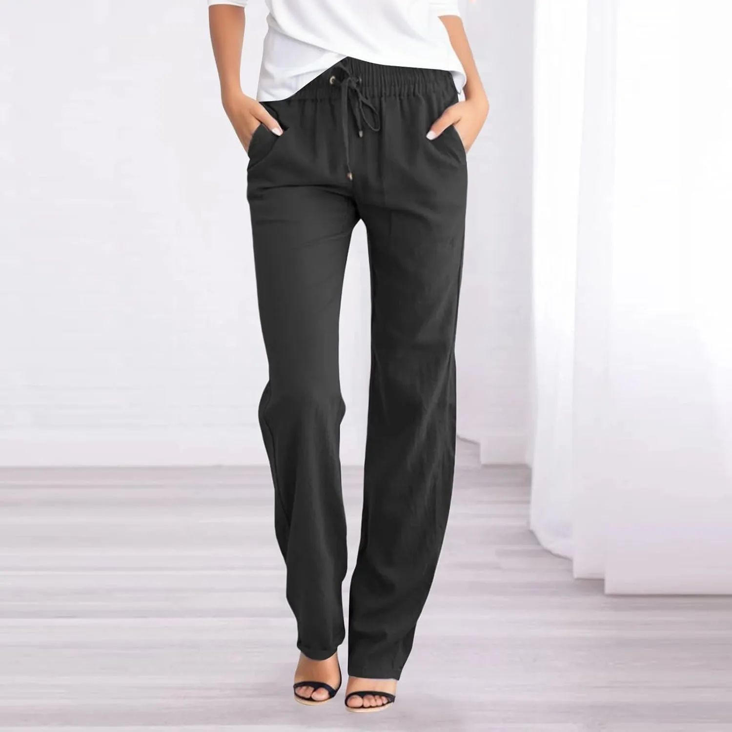 Womens Linen Pants Straight Leg High Waist Casual Pants Loose Fit Yoga Pants Summer Lightweight Trousers with Pockets