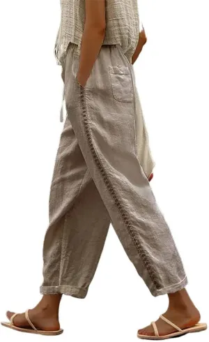Womens Linen Pants Summer Plus Size Casual Cotton Linen Pants Drawstring Elastic Waist Cropped Trouser with Pockets
