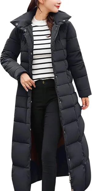 Womens Long Puffer Coat Packable Down Jacket Ultralight Parkas Jacket Maxi Zip Up Thicken Hooded Padded Coat