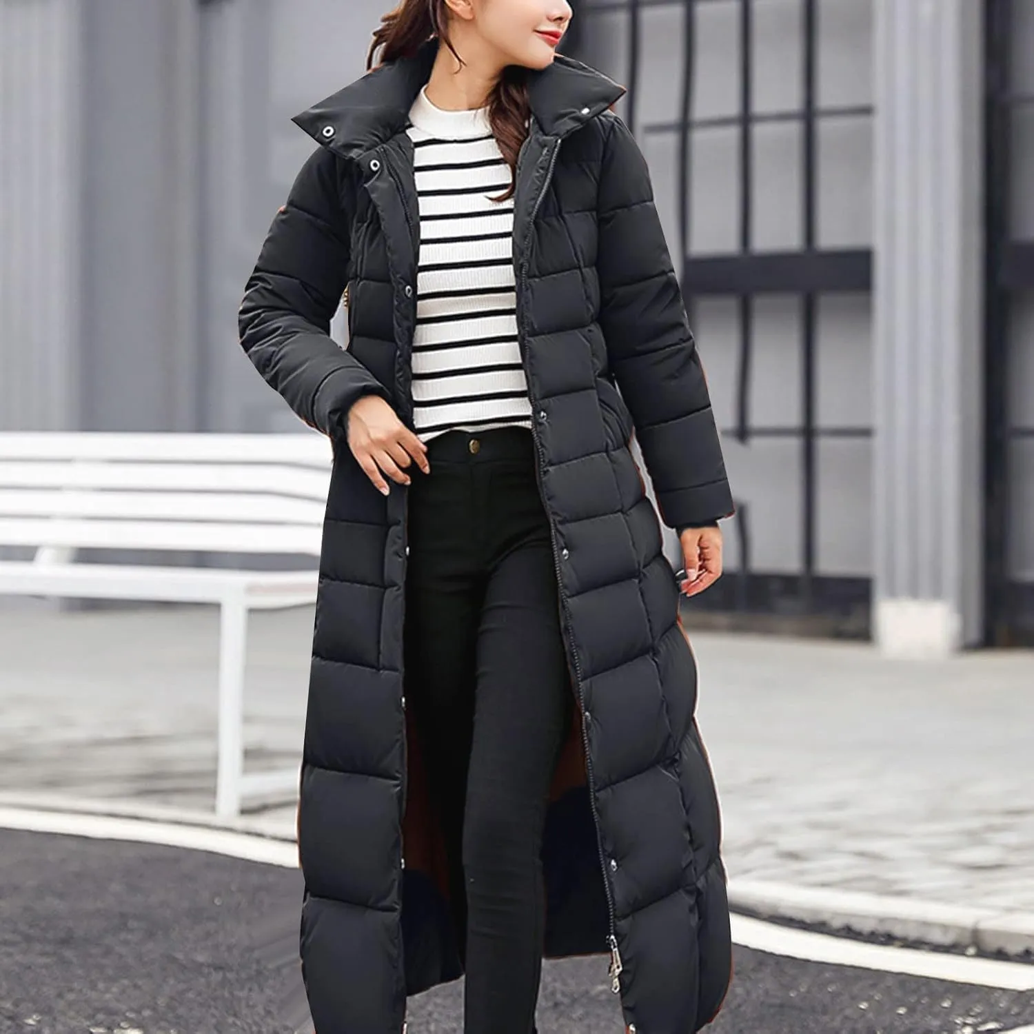 Womens Long Puffer Coat Packable Down Jacket Ultralight Parkas Jacket Maxi Zip Up Thicken Hooded Padded Coat