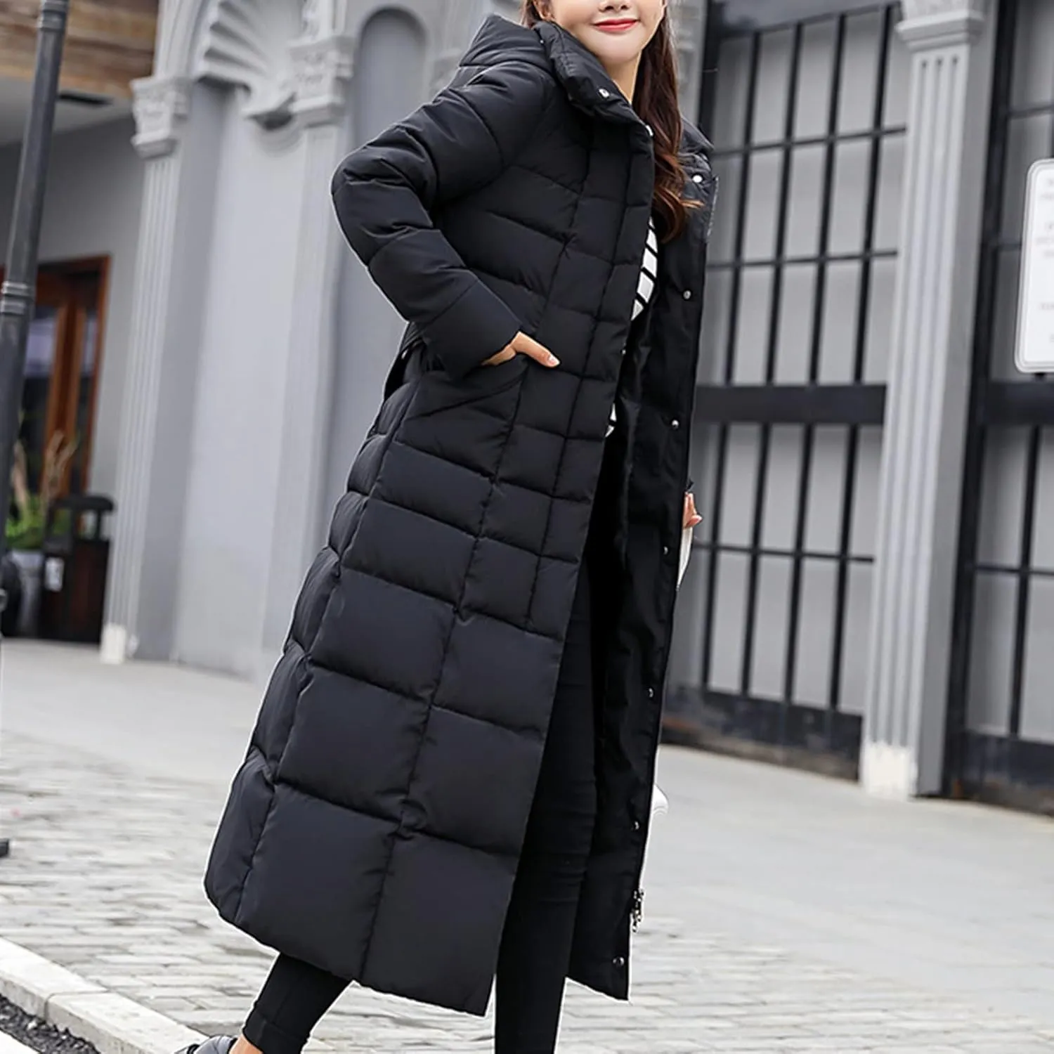 Womens Long Puffer Coat Packable Down Jacket Ultralight Parkas Jacket Maxi Zip Up Thicken Hooded Padded Coat