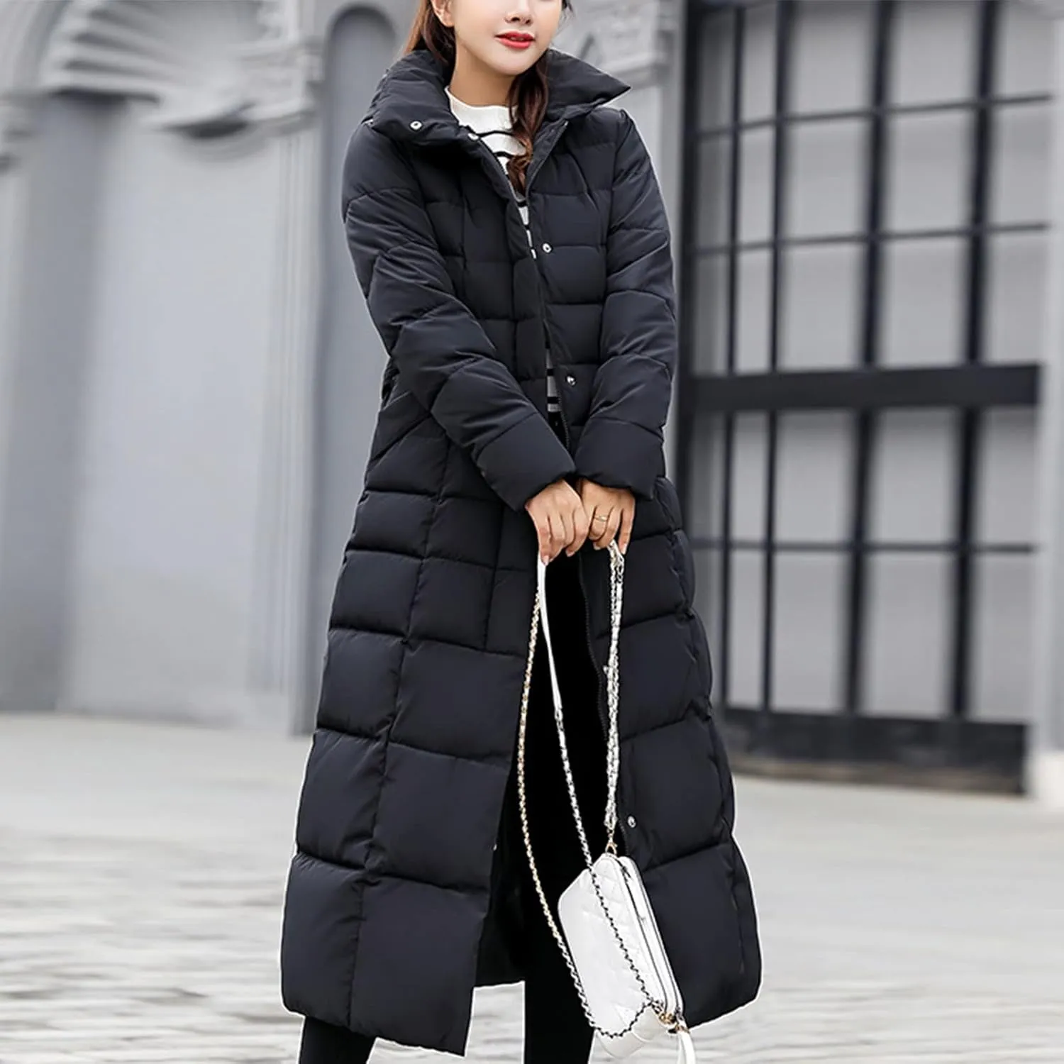 Womens Long Puffer Coat Packable Down Jacket Ultralight Parkas Jacket Maxi Zip Up Thicken Hooded Padded Coat