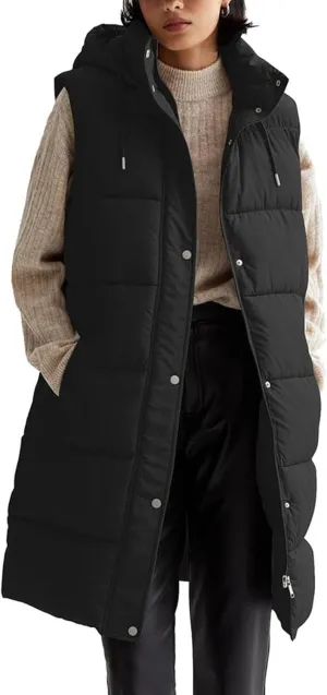 Womens Long Puffer Vest Sleeveless Puffy Jacket Stand Collar Thick Hooded Long Coats Jacket