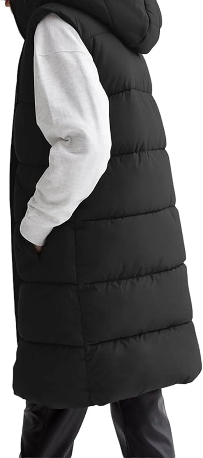 Womens Long Puffer Vest Sleeveless Puffy Jacket Stand Collar Thick Hooded Long Coats Jacket