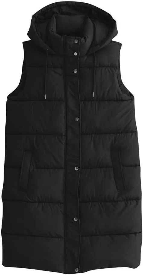 Womens Long Puffer Vest Sleeveless Puffy Jacket Stand Collar Thick Hooded Long Coats Jacket