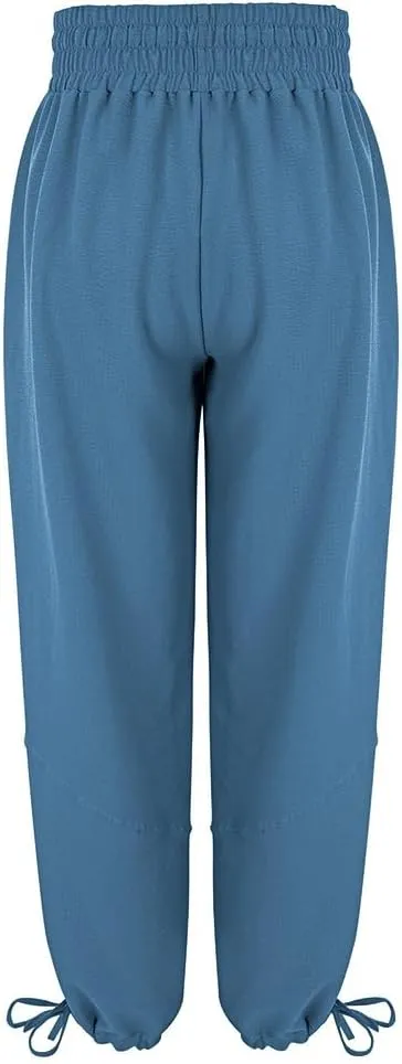 Women's Loose Fitting Palazzo Pants Pleated Drawstring Elastic Waist Solid Color with Pockets Relax Pants