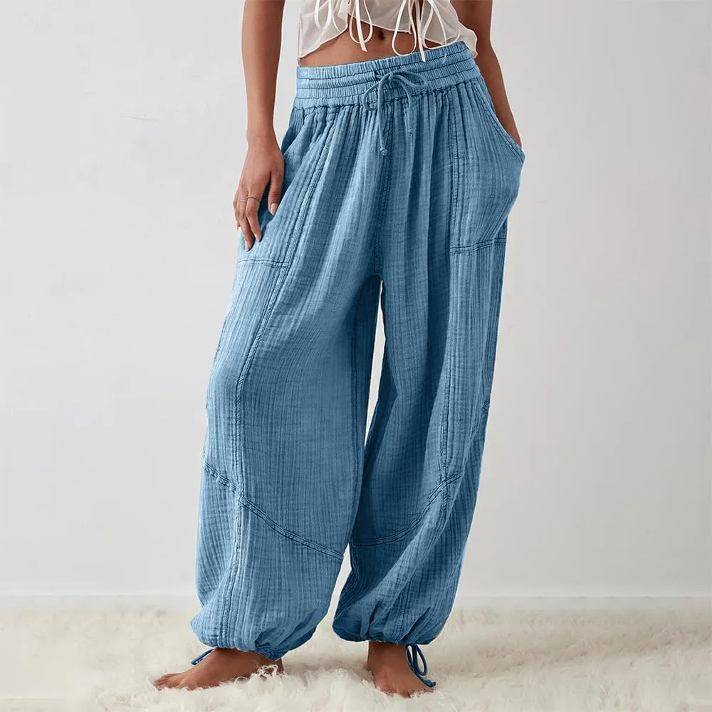 Women's Loose Fitting Palazzo Pants Pleated Drawstring Elastic Waist Solid Color with Pockets Relax Pants