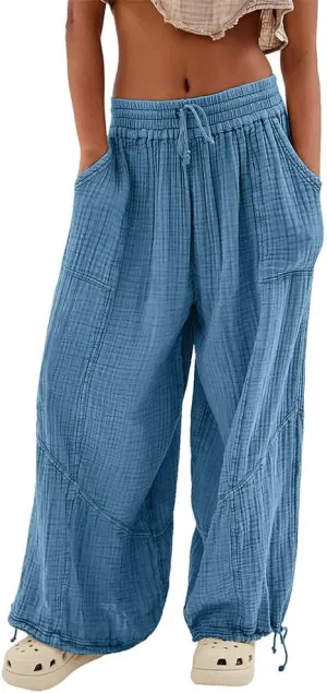 Women's Loose Fitting Palazzo Pants Pleated Drawstring Elastic Waist Solid Color with Pockets Relax Pants