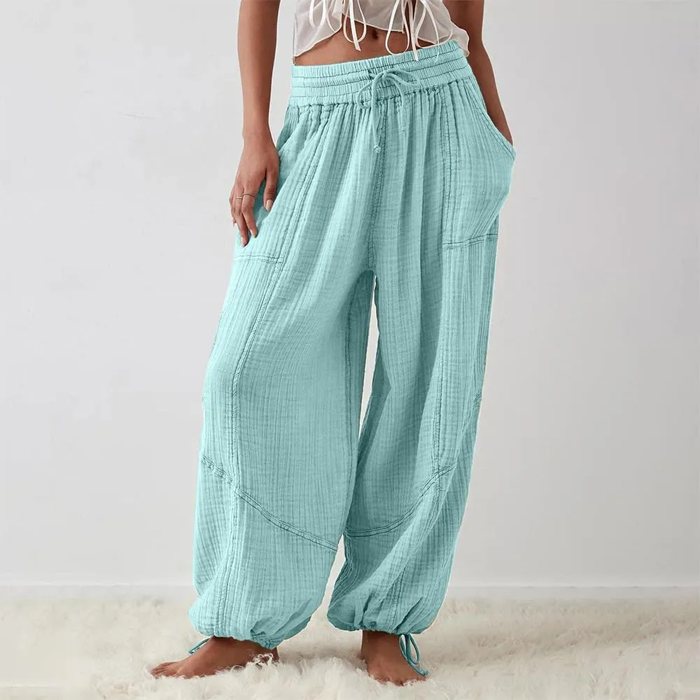 Women's Loose Fitting Palazzo Pants Pleated Drawstring Elastic Waist Solid Color with Pockets Relax Pants