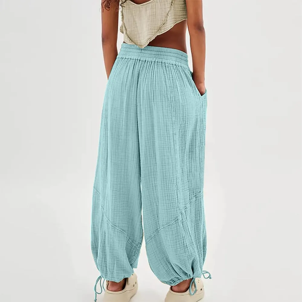 Women's Loose Fitting Palazzo Pants Pleated Drawstring Elastic Waist Solid Color with Pockets Relax Pants
