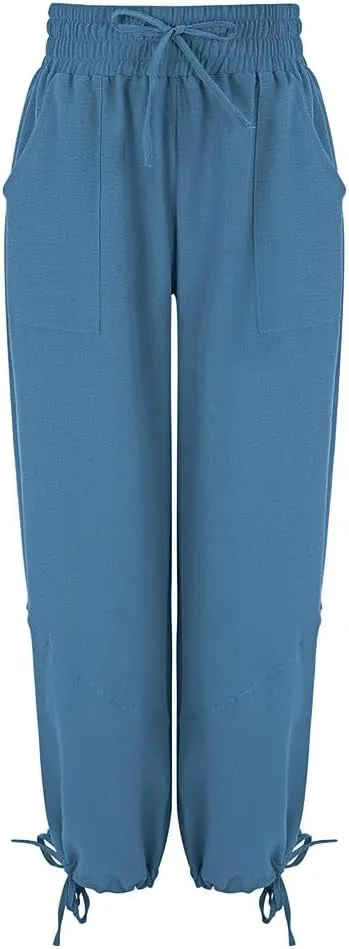 Women's Loose Fitting Palazzo Pants Pleated Drawstring Elastic Waist Solid Color with Pockets Relax Pants