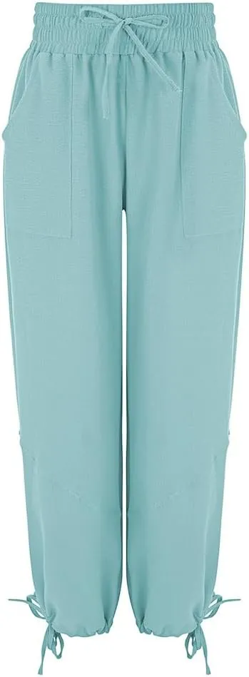 Women's Loose Fitting Palazzo Pants Pleated Drawstring Elastic Waist Solid Color with Pockets Relax Pants