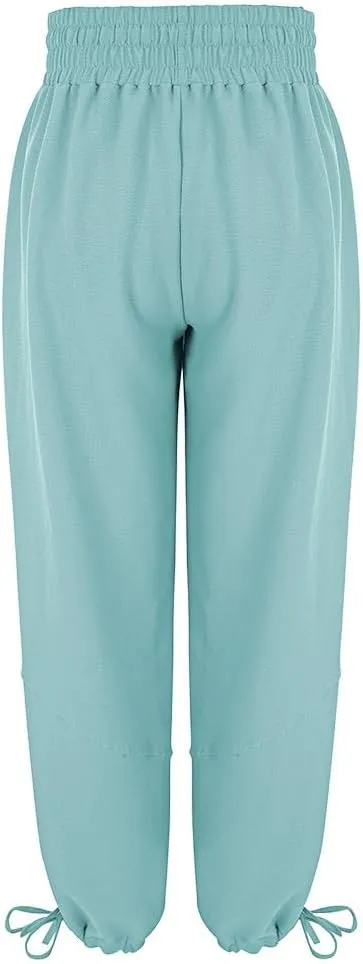 Women's Loose Fitting Palazzo Pants Pleated Drawstring Elastic Waist Solid Color with Pockets Relax Pants