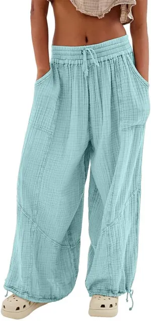 Women's Loose Fitting Palazzo Pants Pleated Drawstring Elastic Waist Solid Color with Pockets Relax Pants