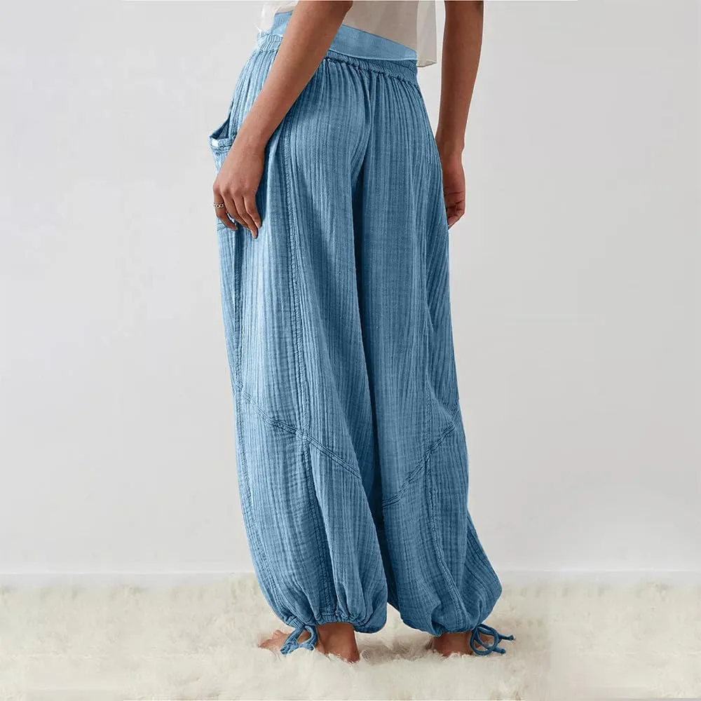 Women's Loose Fitting Palazzo Pants Pleated Drawstring Elastic Waist Solid Color with Pockets Relax Pants